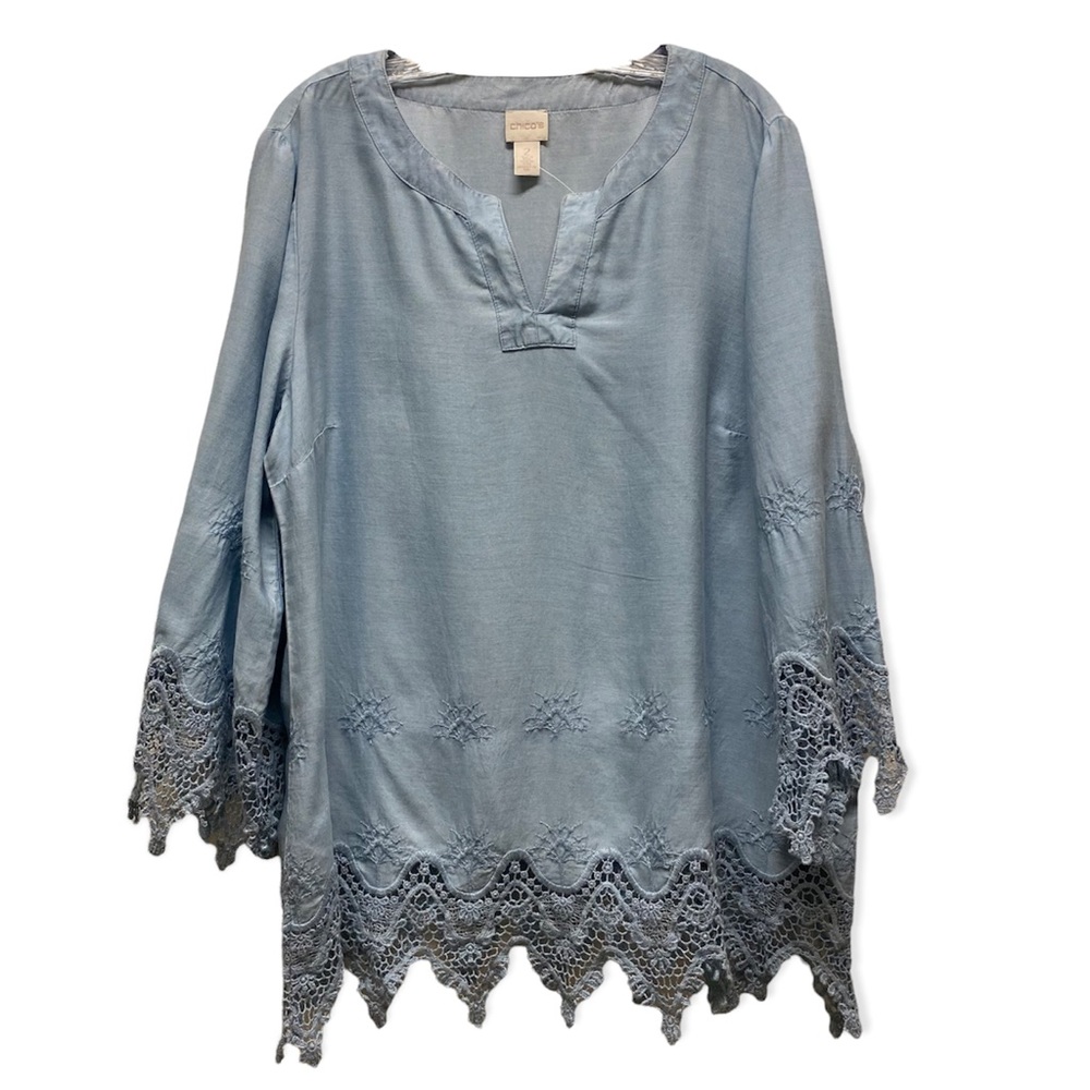CHICO'S Crochet Lace Trim V-neck Lagenlook Chambray Tunic Top Sz 2 Large NWOT
